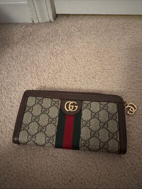 Gucci Monogram Zip Wallet with Green-Red Web Stripe - Brown/Tan